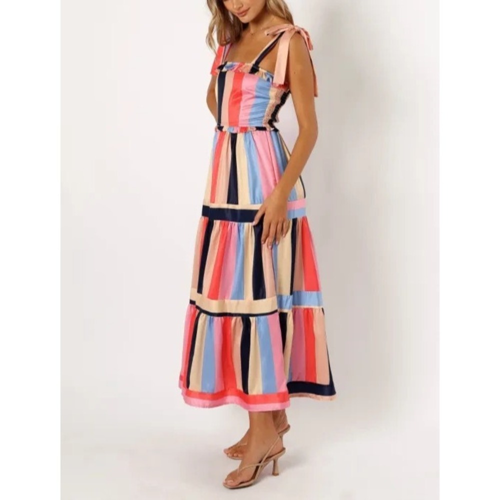 Petal + Pup Multicolored Striped Satin Smocked Back "Cobella" Maxi Dress 6 NWT - Picture 3 of 16